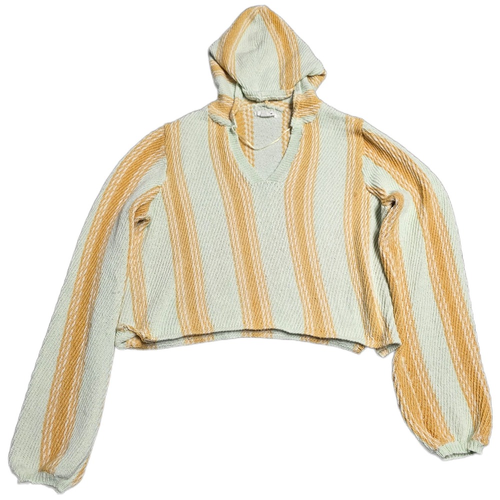 O'Neill Striped Knit Cropped Baja Hoodie Women's Size M Green Yellow Pullover